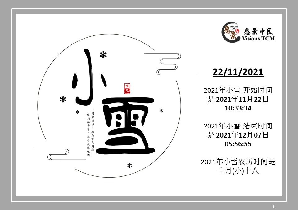 【二十四节气 – 小雪 – 中医养生】22/11/2021