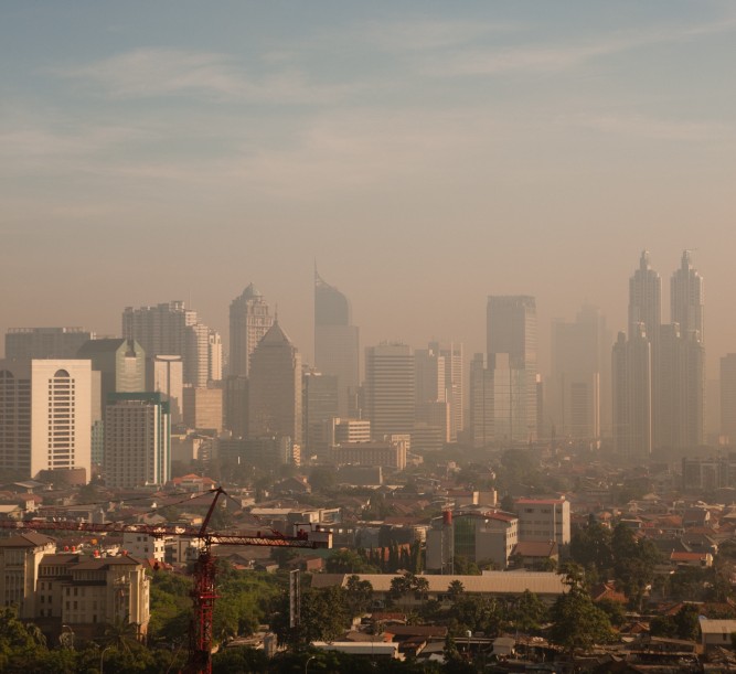 PM2.5 air pollution causing haze and reduced visibility over the city